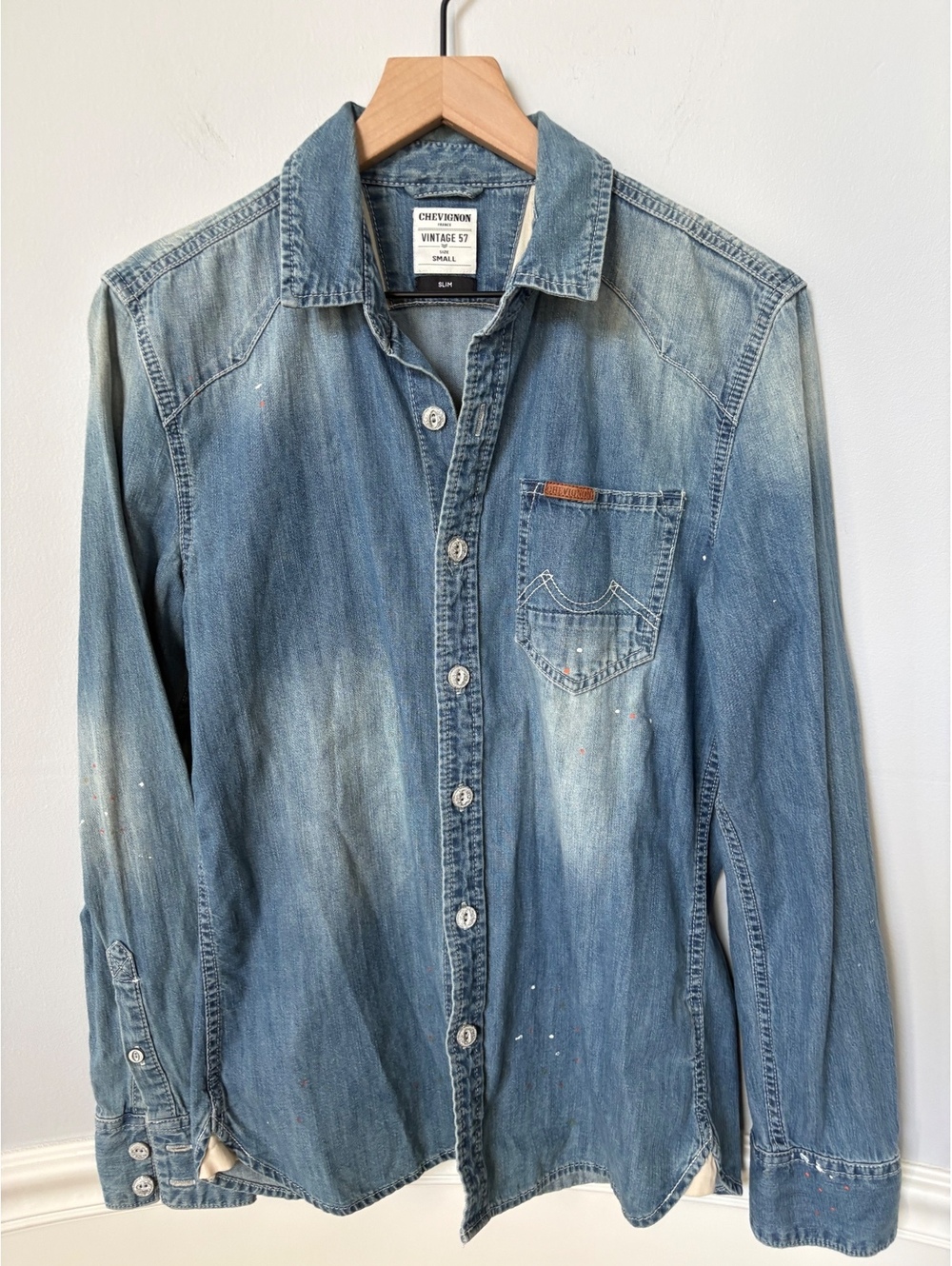 Chevignon Vintage 57 Slim Fit Denim Shirt Small with Paint Splatter Detail